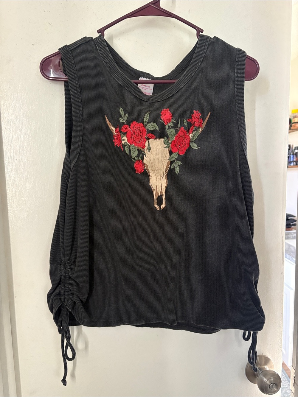 No Boundaries Black Tank with Red Rose and Beige Skull Embroidery
